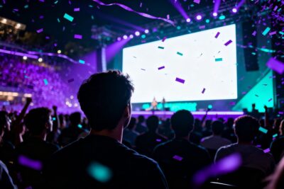 Public dans une salle de spectacle face à un écran géant lors d'un grand événement jeu vidéo