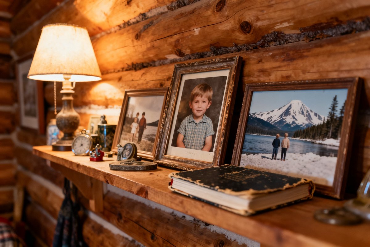 Photos d'enfance encadrées et carnet ancien sur une étagère dans un chalet en bois