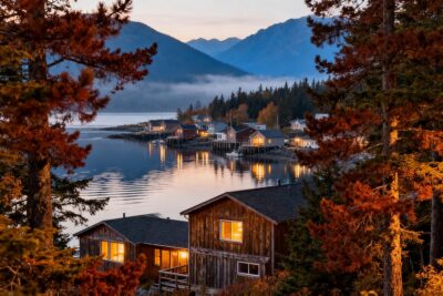 Petit village cotier d'Alaska au crepuscule, maisons en bois eclairees au bord d'un fjord