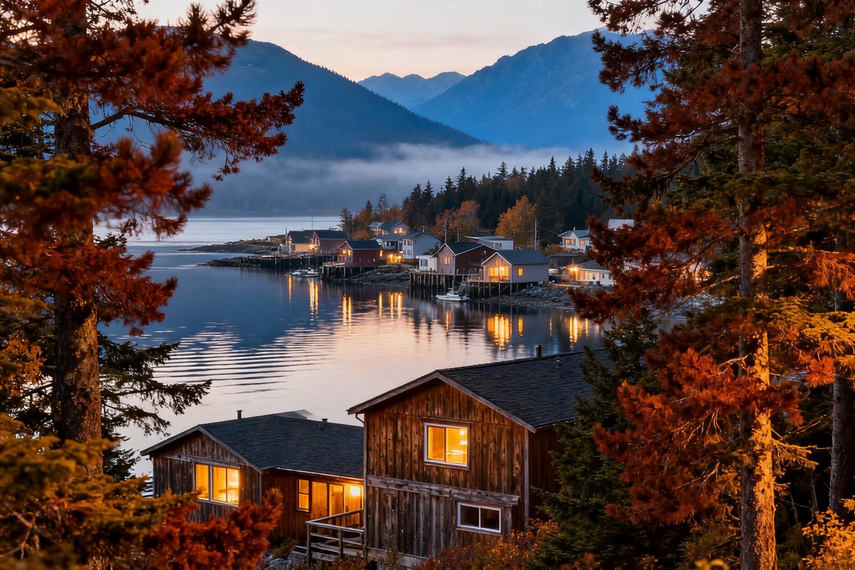 Petit village cotier d'Alaska au crepuscule, maisons en bois eclairees au bord d'un fjord