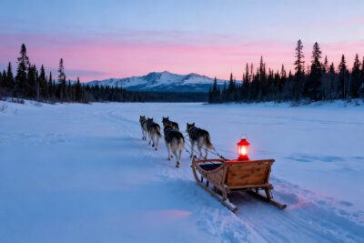 Un attelage de chiens de traineau traverse une vaste etendue enneigee d'Alaska au crepuscule