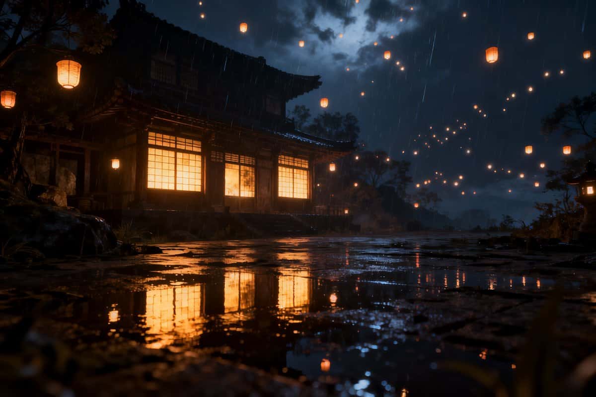 Scène de jeu nocturne éclairée par des centaines de petites sources lumineuses