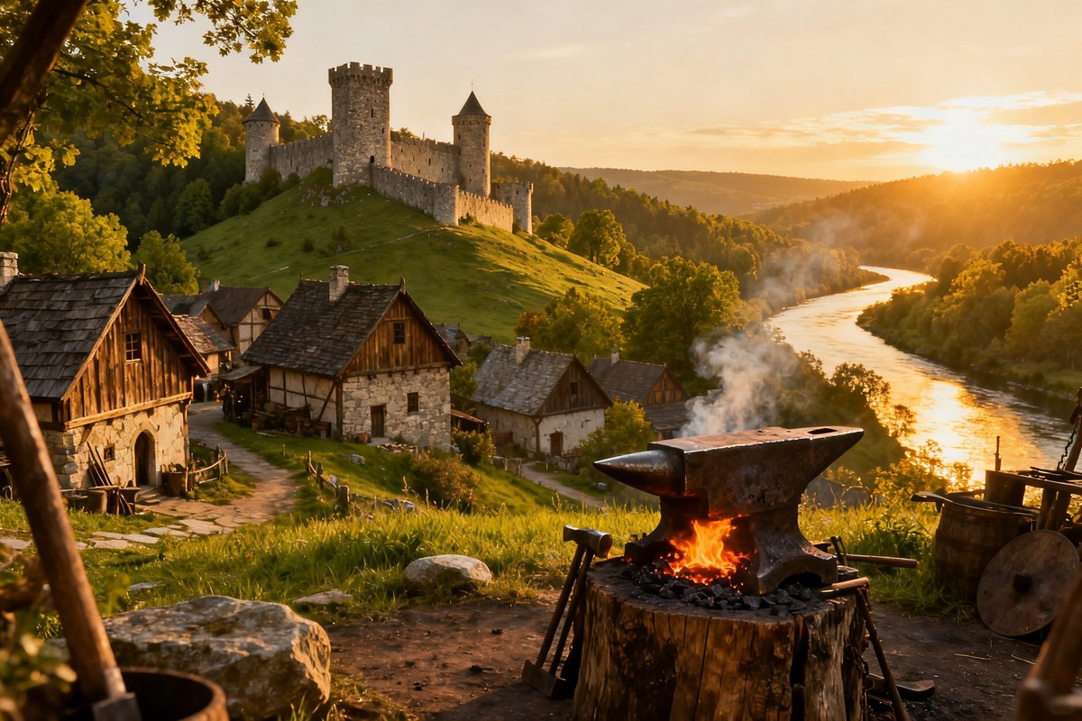Village médiéval en bois et pierre sur une colline verte au coucher du soleil, forge allumée et tours de château au loin