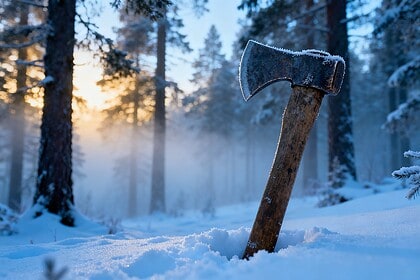 Hache de guerre nordique plantée dans la neige au cœur d'une forêt scandinave brumeuse