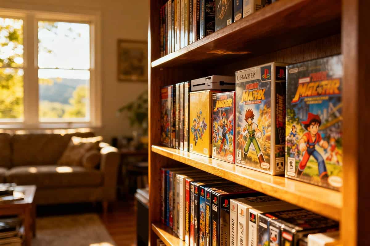 Étagère remplie de boîtes de jeux vidéo classiques et récents dans une pièce ensoleillée