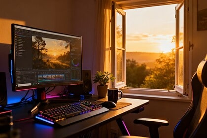Bureau de jeu vidéo PC avec écran allumé près d'une fenêtre baignée de lumière estivale