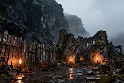Campement médiéval fortifié éclairé par des torches au pied de falaises rocheuses sombres