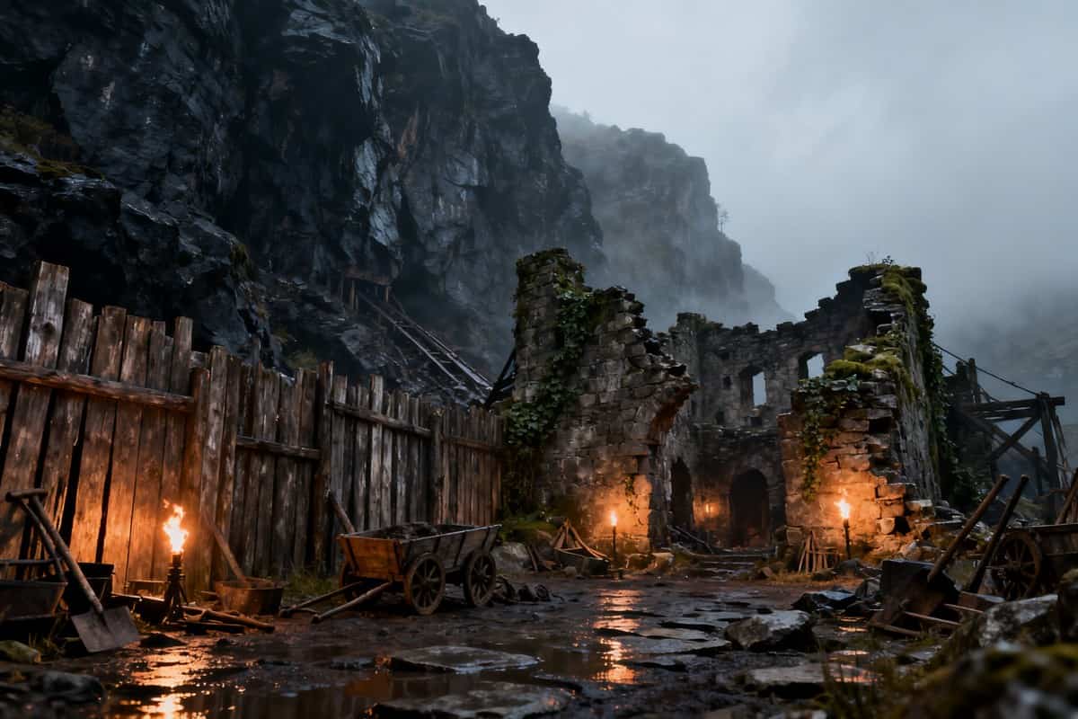 Campement médiéval fortifié éclairé par des torches au pied de falaises rocheuses sombres