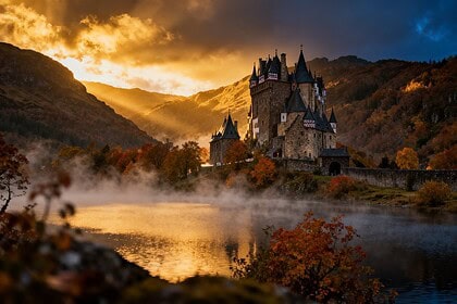 Château gothique aux hautes tours dominant un lac de montagne brumeux au crépuscule