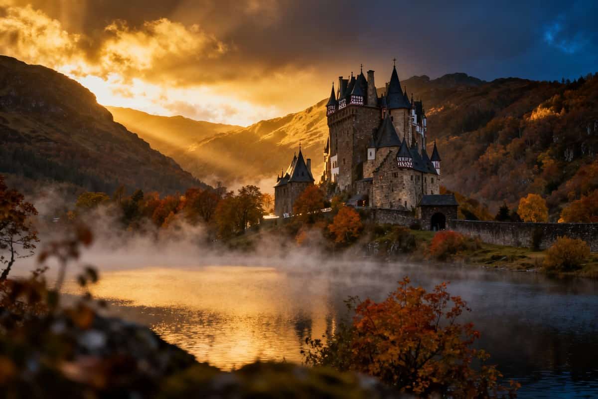 Château gothique aux hautes tours dominant un lac de montagne brumeux au crépuscule