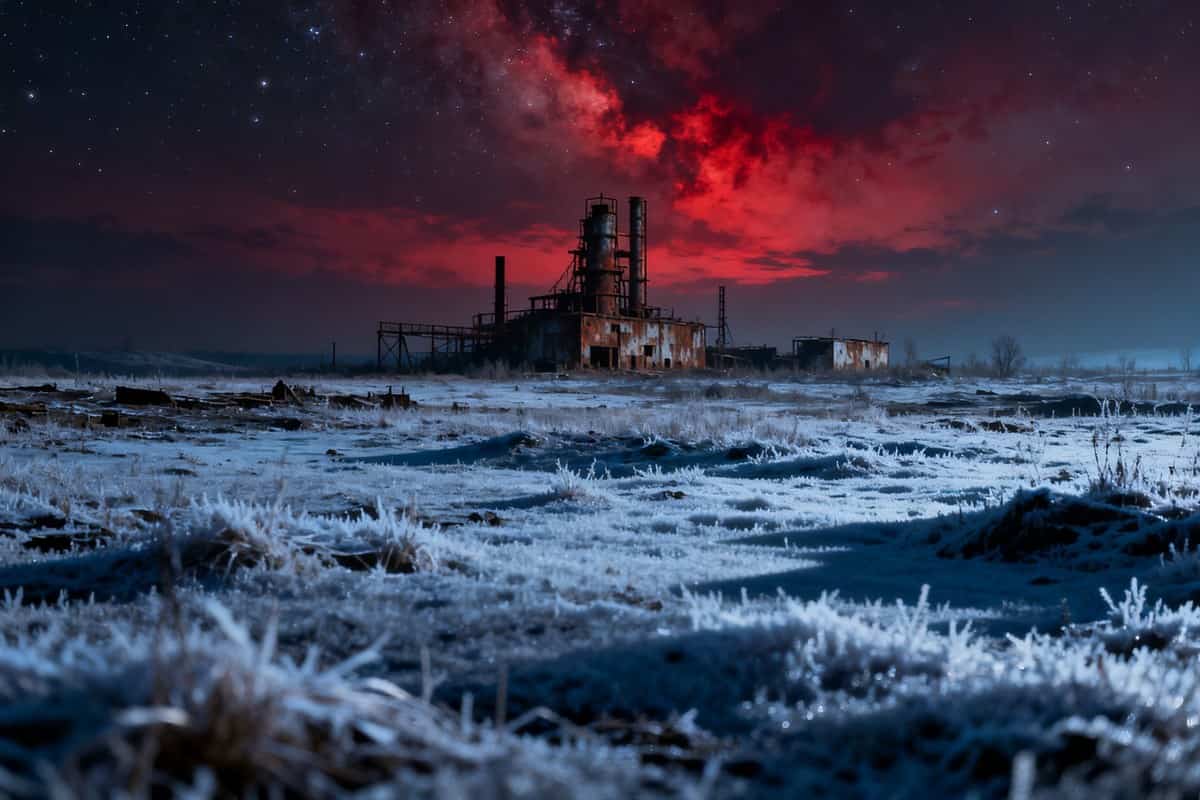 Étendue gelée et désolée sous un ciel rouge sombre, ruines industrielles abandonnées au loin