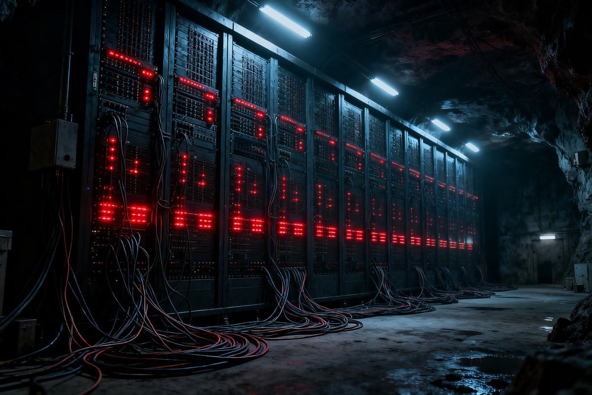 Vaste mur d'ordinateur dans un bunker souterrain sombre, diodes rouges et câbles emmêlés