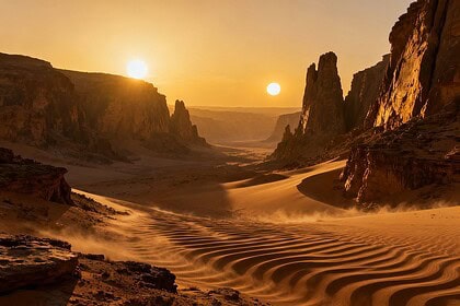 Canyon désertique d’une planète extraterrestre baigné par deux soleils au crépuscule