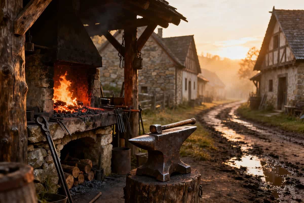 Forge de village médiéval à l'aube, braises rougeoyantes, enclume et outils de forgeron
