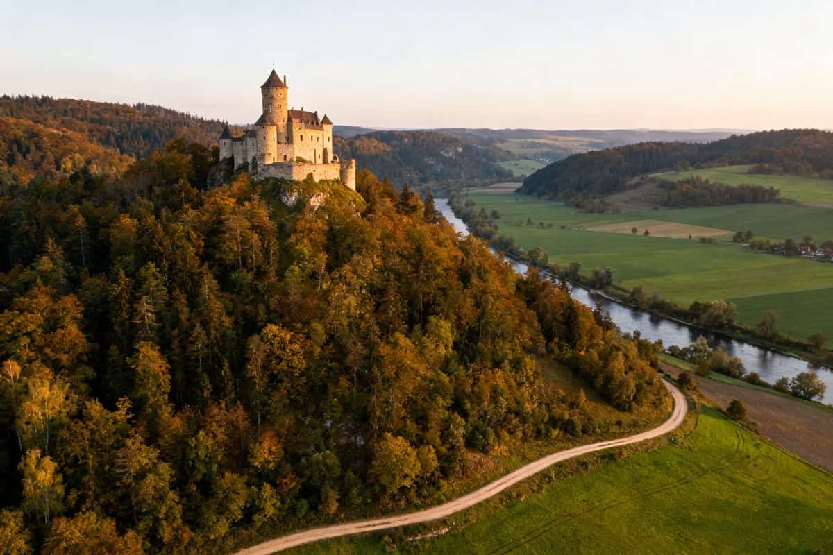 Château médiéval en pierre sur une colline boisée dominant une vallée et une rivière