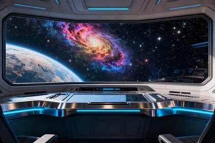 Cockpit d'un vaisseau spatial futuriste face à un champ d'étoiles et une nébuleuse colorée