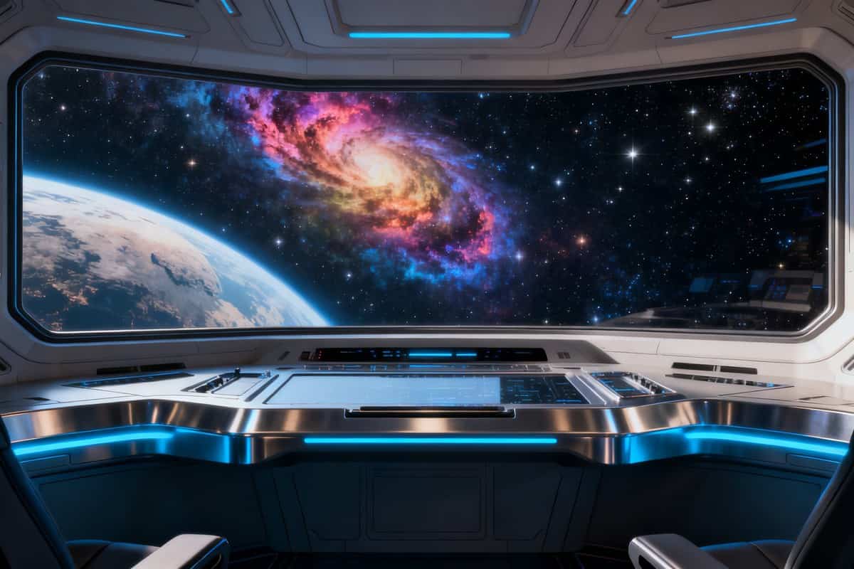 Cockpit d'un vaisseau spatial futuriste face à un champ d'étoiles et une nébuleuse colorée