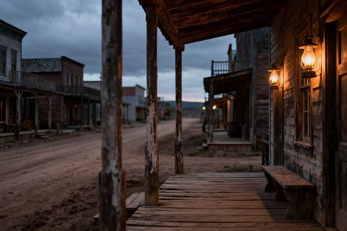 Rue principale déserte d'une petite ville de l'Ouest au crépuscule, lanternes à pétrole allumées sous un ciel couvert