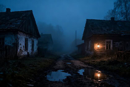 Village rural abandonné plongé dans le brouillard nocturne, éclairé par une lanterne
