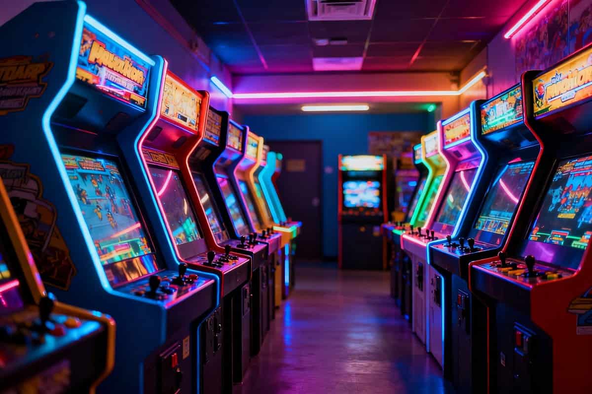 Salle d'arcade rétro avec des rangées de bornes éclairées par des néons colorés