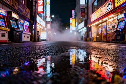 Rue commerçante japonaise illuminée de néons la nuit, bornes d'arcade et reflets sur l'asphalte mouillé