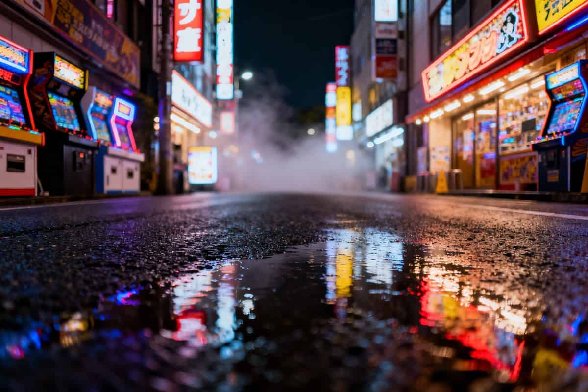Rue commerçante japonaise illuminée de néons la nuit, bornes d'arcade et reflets sur l'asphalte mouillé