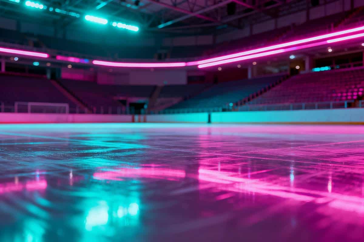 Arène futuriste baignée de néons magenta et cyan aux sols réfléchissants.
