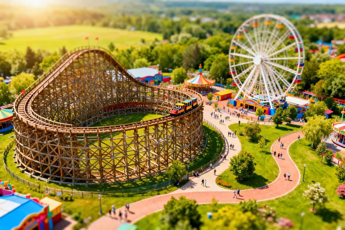 Vue aérienne d'un parc d'attractions coloré avec montagnes russes et grande roue.