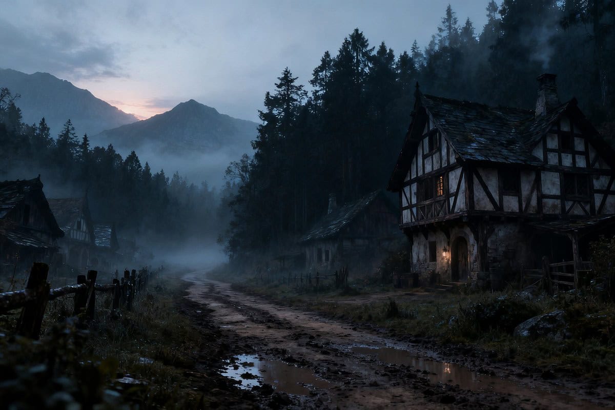 Village médiéval brumeux à l'aube, maisons à colombages et chemin de terre menant vers une forêt sombre.