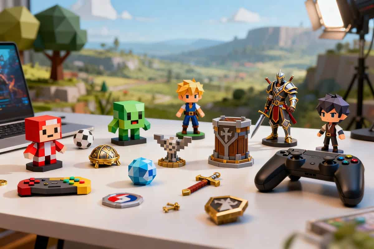 Figurines et accessoires de jeu en 3D posés sur un bureau de développement, manette à proximité