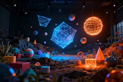 Formes 3D filaires lumineuses flottant au-dessus d'un décor coloré dans un studio de création numérique