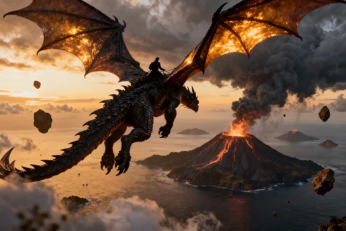 Dragon sombre survolant un archipel volcanique au crépuscule, avec un cavalier sur son dos