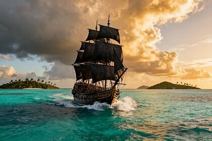 Navire pirate aux voiles sombres fendant une mer turquoise des Caraïbes au coucher du soleil