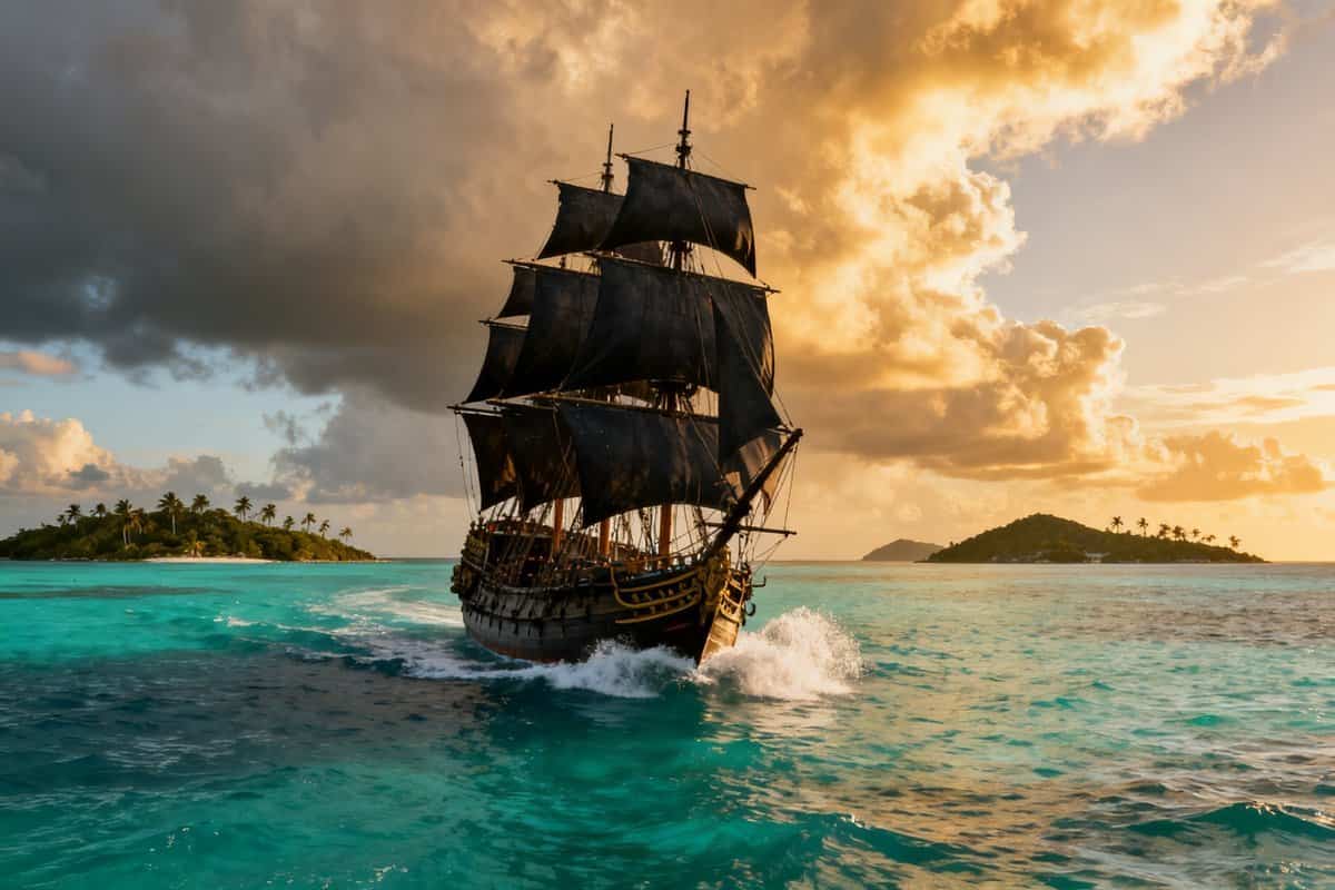 Navire pirate aux voiles sombres fendant une mer turquoise des Caraïbes au coucher du soleil