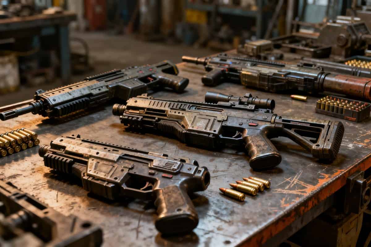 Armes futuristes et munitions posées sur un établi métallique dans un atelier industriel sombre