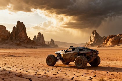 Planète désertique extraterrestre aux reliefs escarpés sous un ciel doré, avec un buggy blindé futuriste