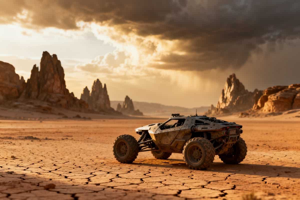 Planète désertique extraterrestre aux reliefs escarpés sous un ciel doré, avec un buggy blindé futuriste