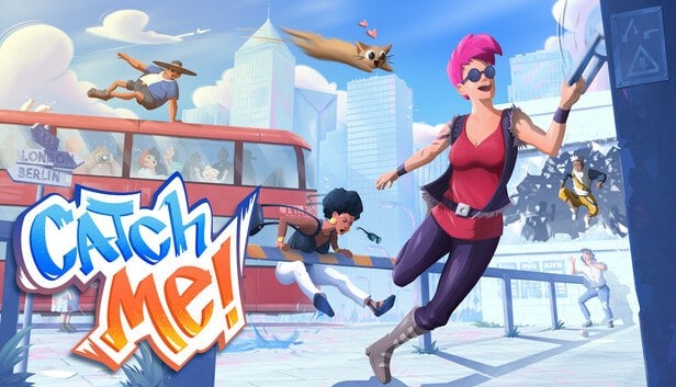 Jaquette de Catch Me! : des personnages stylisés bondissent entre un bus à impériale rouge et des gratte-ciel