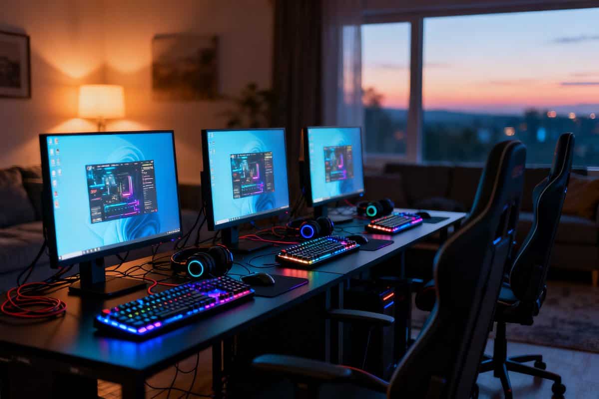 Trois écrans allumés et des claviers rétroéclairés alignés sur un long bureau, chaises gamer vides, salon au crépuscule