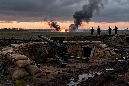 Position défensive fortifiée de la Seconde Guerre mondiale au crépuscule, canon antichar et sacs de sable