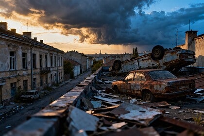 Rue déserte d'une ville européenne au crépuscule, vue depuis un toit jonché de débris