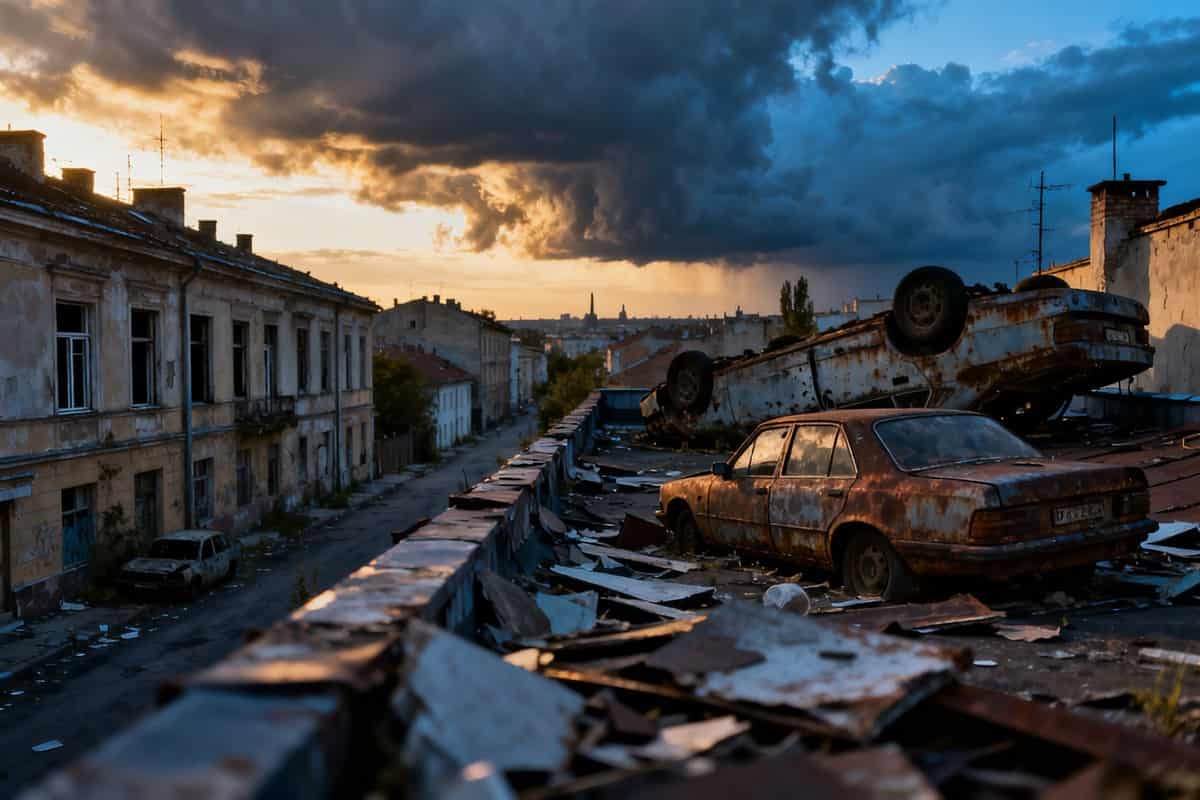 Rue déserte d'une ville européenne au crépuscule, vue depuis un toit jonché de débris