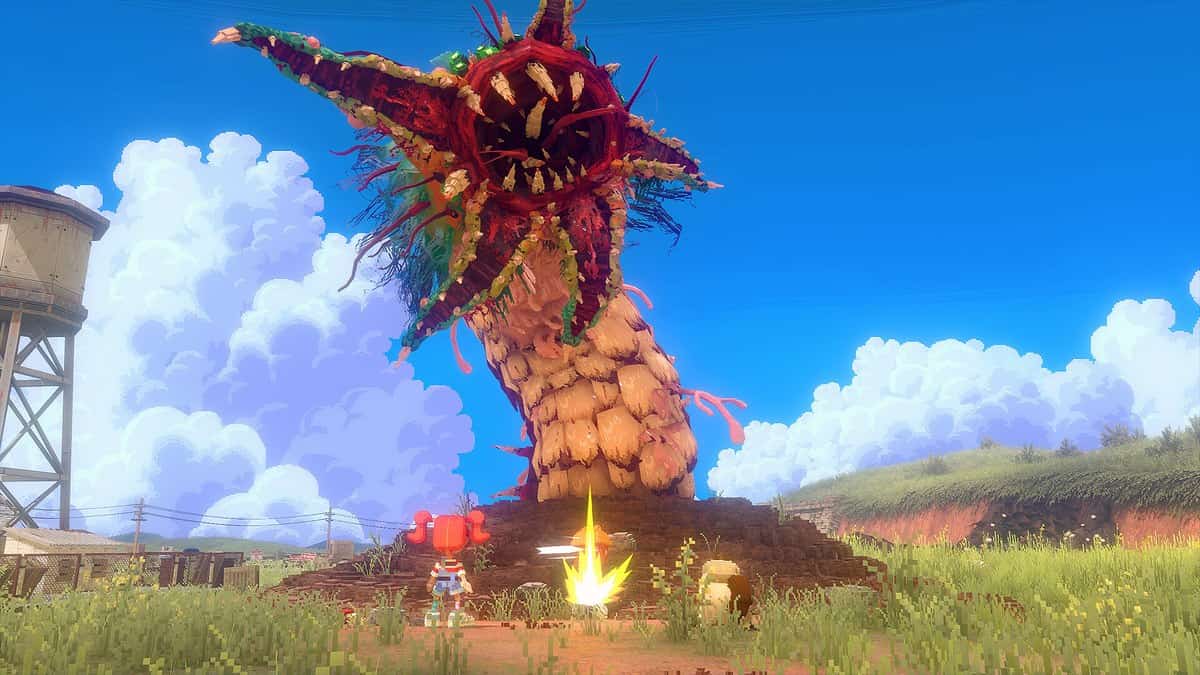 Scène de combat au tour par tour en décor voxel, personnage enfant face à une créature