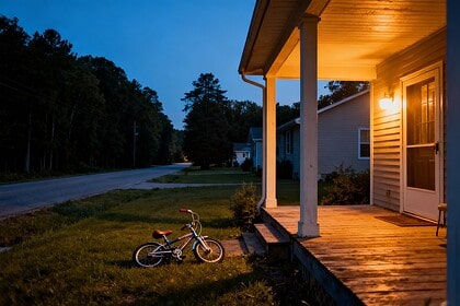 Rue résidentielle d'une petite ville américaine au crépuscule, vélo abandonné sur la pelouse
