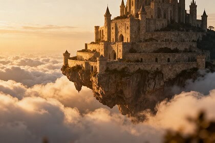 Château de pierre suspendu au-dessus d'une mer de nuages à la lumière dorée