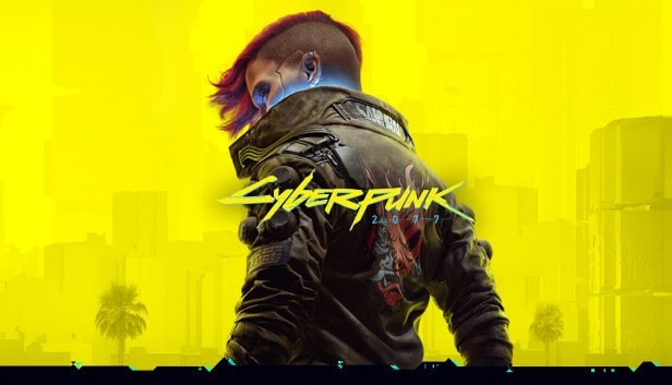 Illustration officielle de Cyberpunk 2077 : personnage de dos, crête rouge et blouson, sur fond jaune