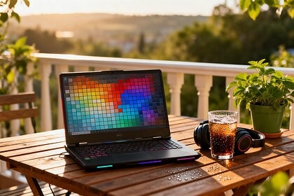 Ordinateur portable de jeu ouvert sur une table de balcon au soleil couchant, verre glacé et casque à côté