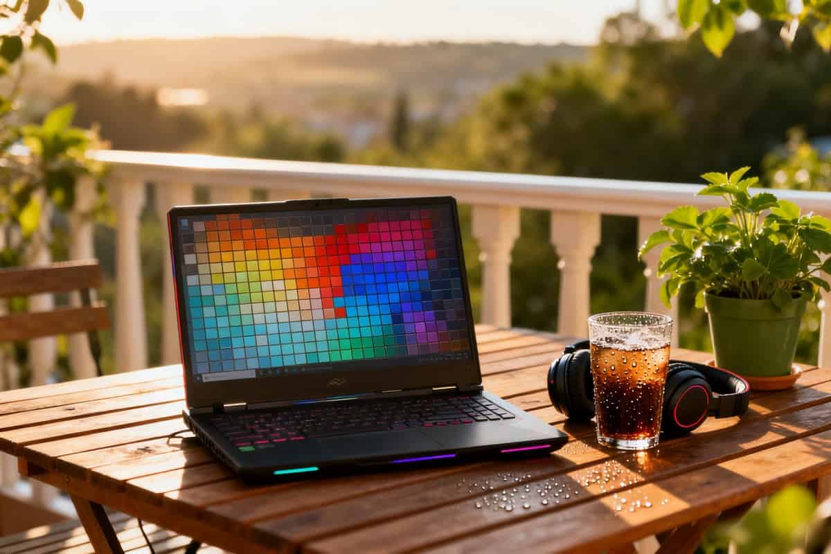 Ordinateur portable de jeu ouvert sur une table de balcon au soleil couchant, verre glacé et casque à côté