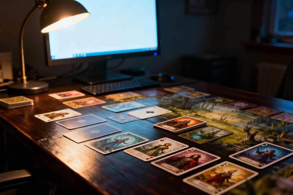 Cartes de jeu illustrées étalées sur un bureau en bois, devant un écran d'ordinateur allumé et une lampe