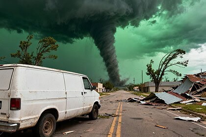 Van blanc à l'arrêt dans une rue déserte jonchée de débris, une tornade se forme au loin sous un ciel vert